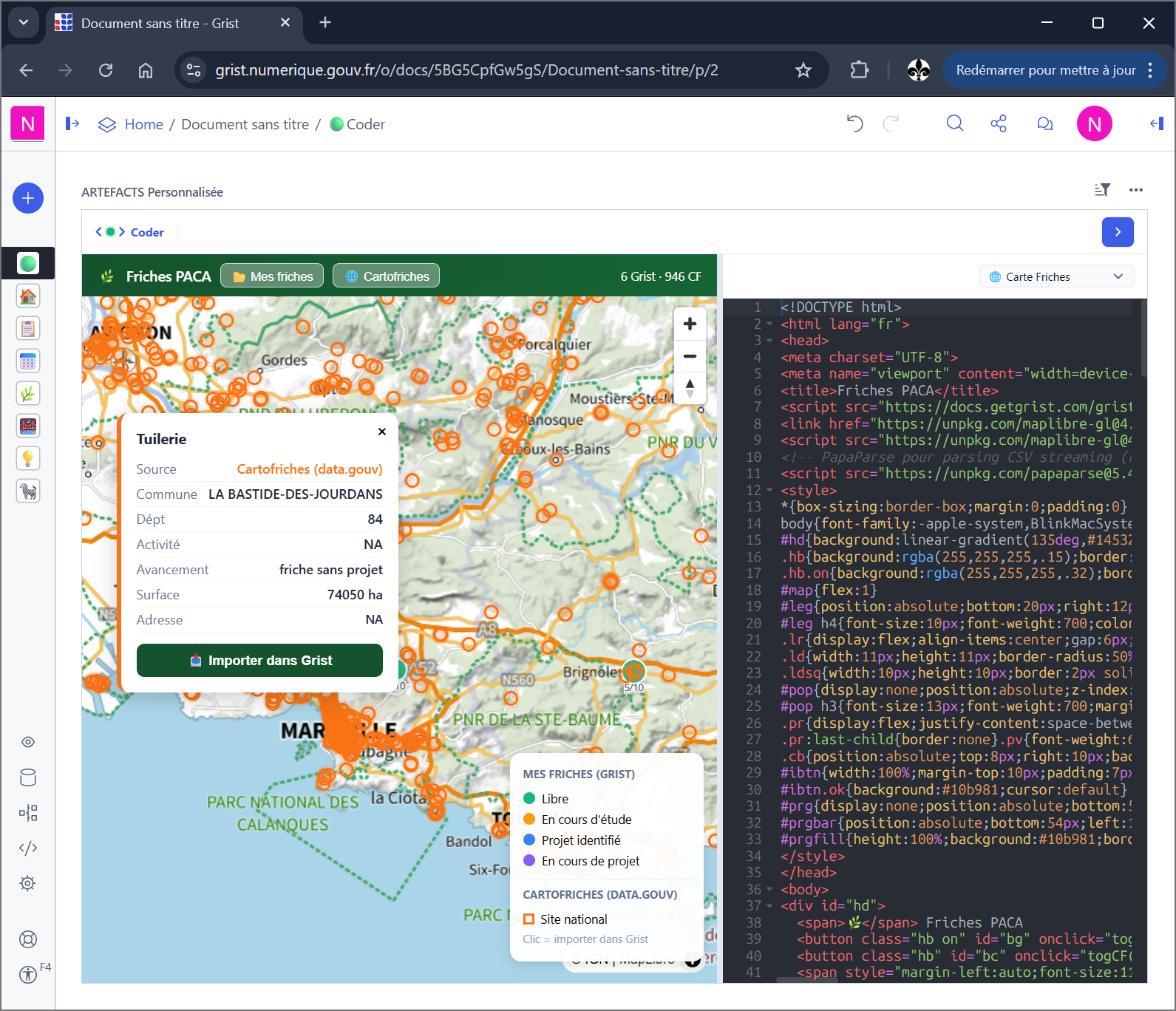 A map artefact and its code side by side: the preview refreshes as you type.