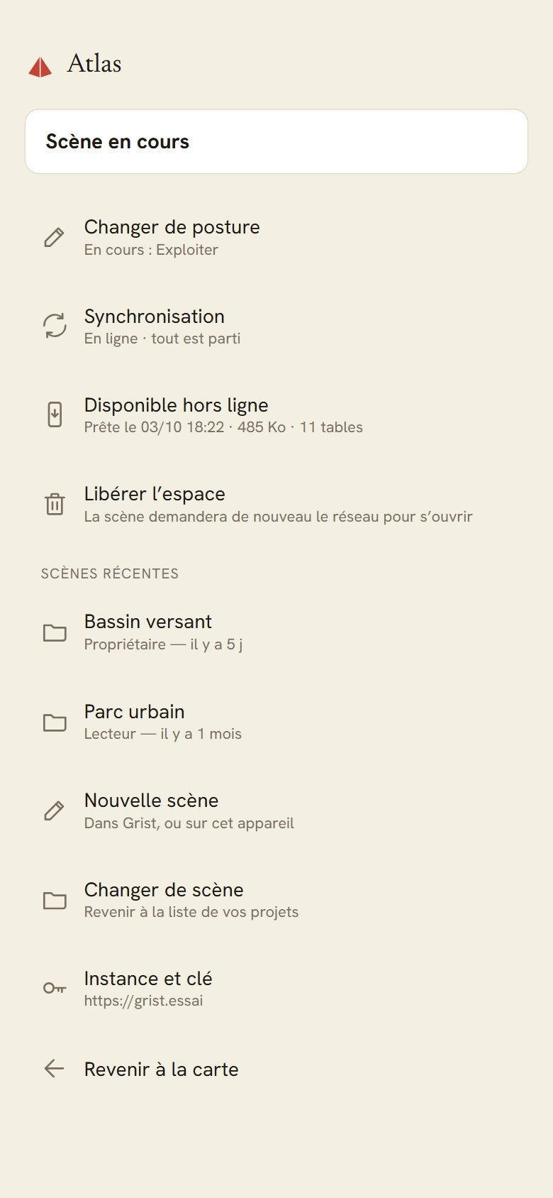 Le menu de l’application Android : posture, synchronisation, disponibilité hors ligne, scènes récentes