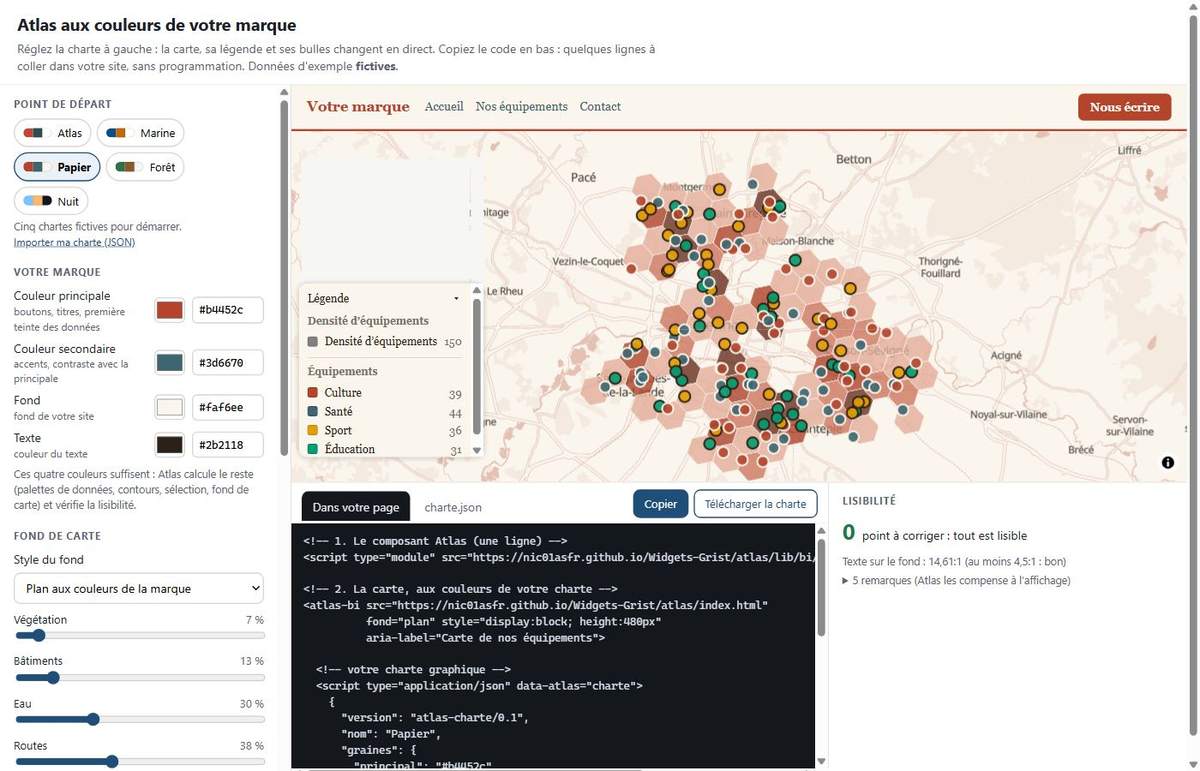 L’atelier de style : réglages à gauche, carte et aperçu de site au centre, code à copier en bas