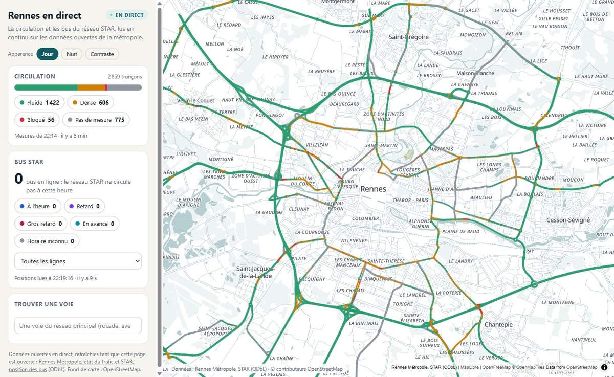 Rennes en direct : tableau de bord et carte de la circulation