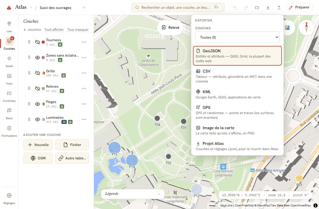 Le menu d’export : GeoJSON, CSV, KML, GPX, image, projet Atlas