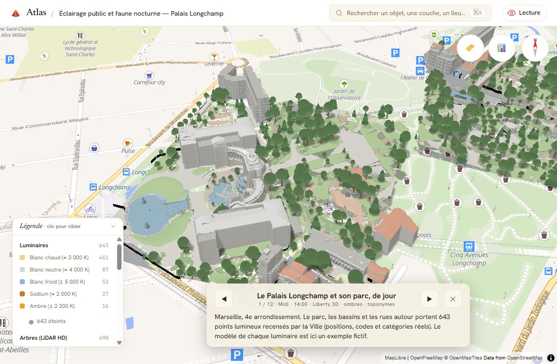 Le parc du Palais Longchamp de jour, en 3D, avec relief, arbres et bâtiments