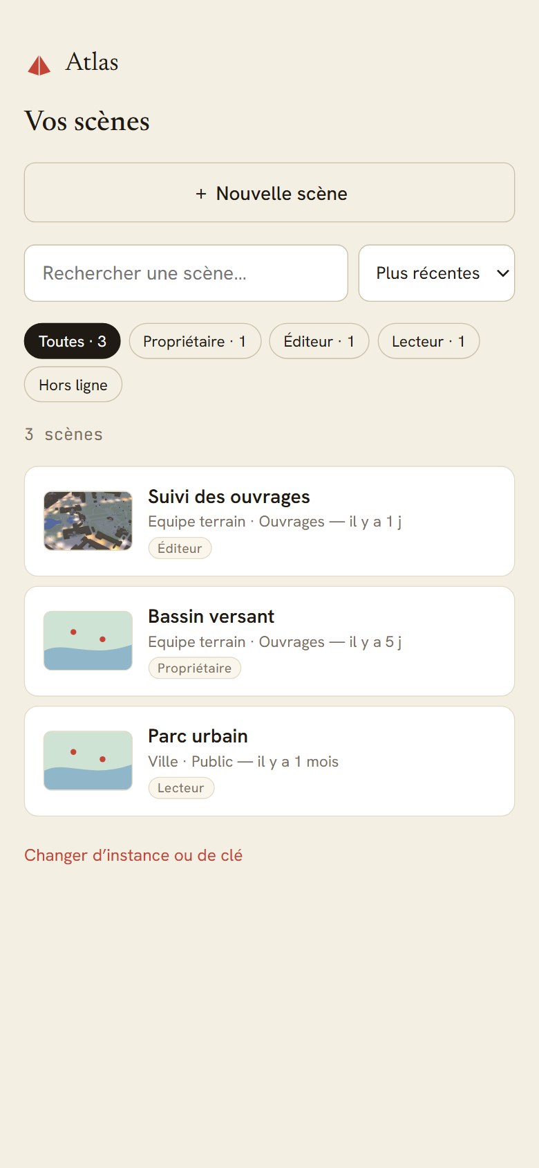 La liste des projets de l’application, avec la miniature de chaque scène