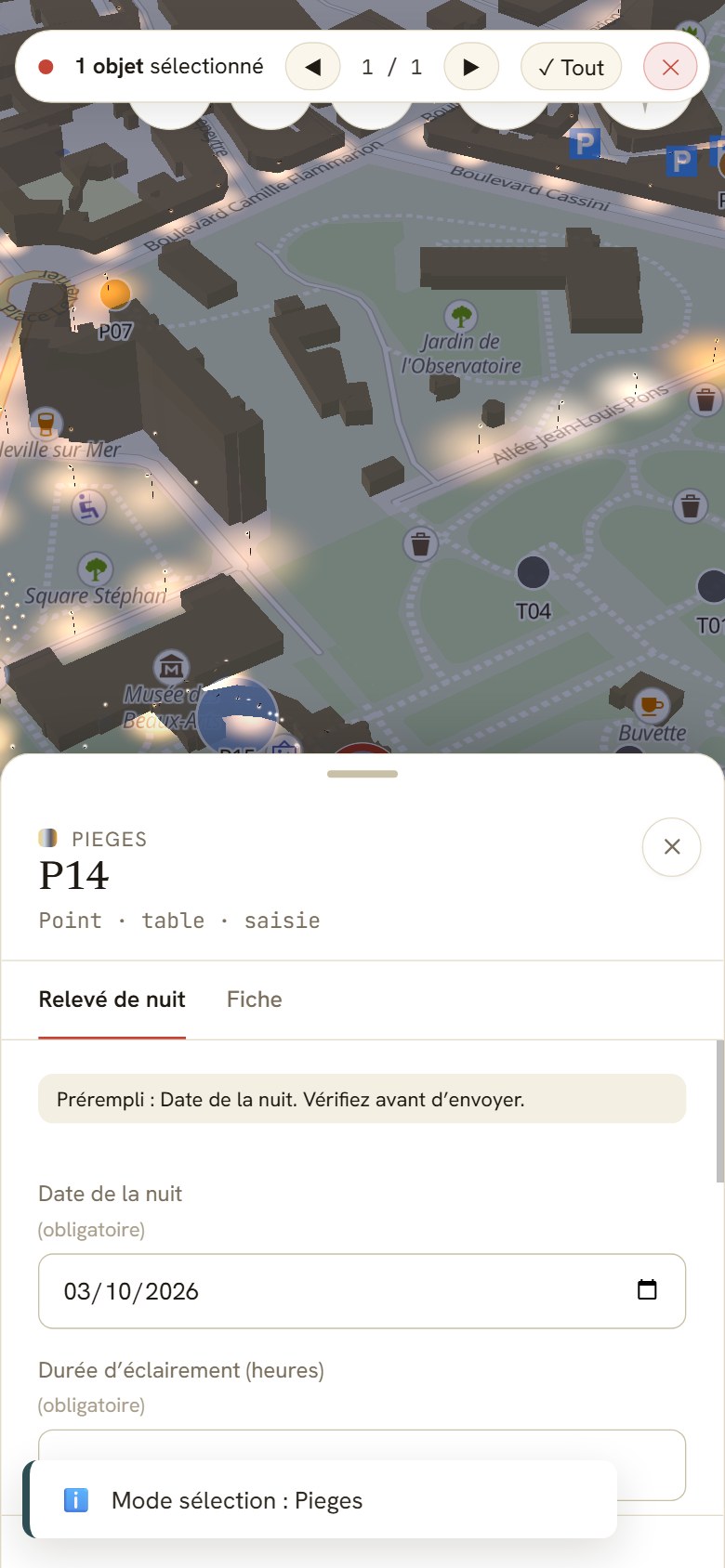 Le formulaire de relevé de nuit sur un téléphone, ouvert sur le piège P14