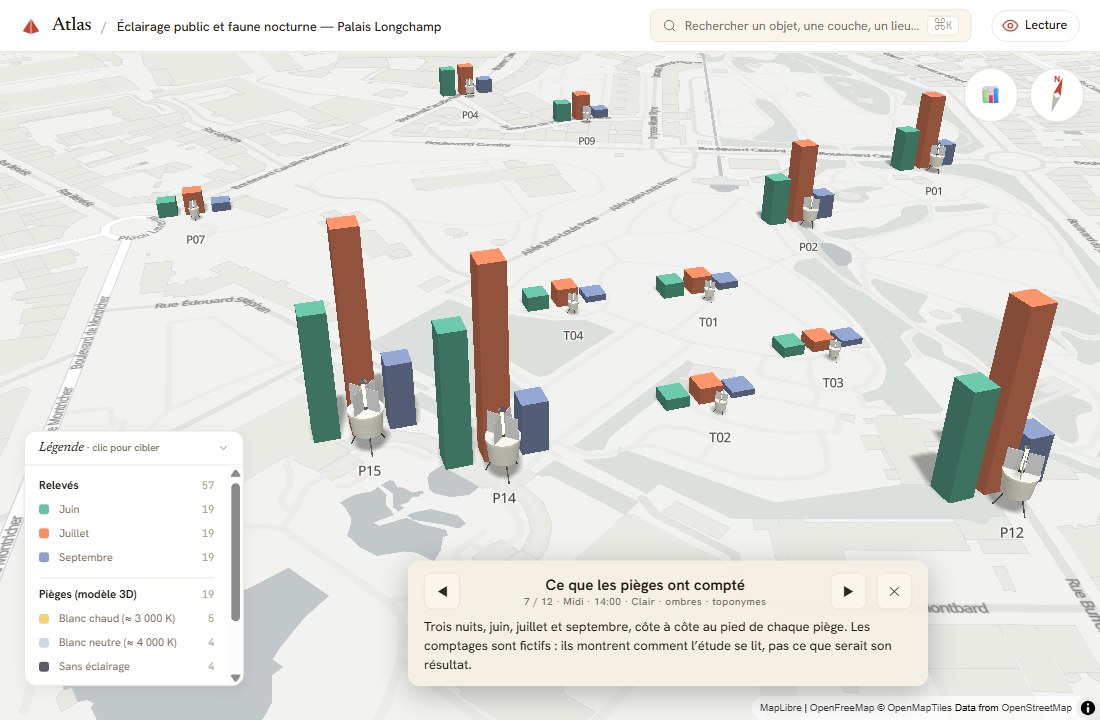 Des colonnes en 3D posées sur la carte, trois par piège, de hauteur proportionnelle aux comptages