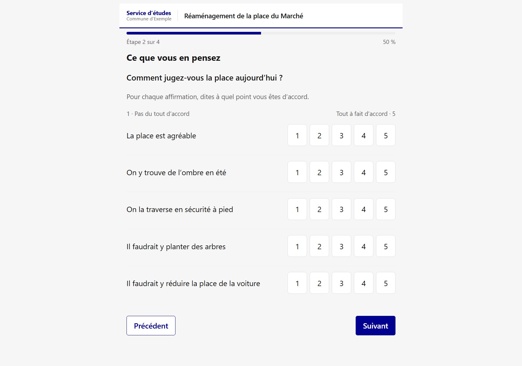Cinq affirmations, une seule échelle annoncée : la matrice tient sur un écran.